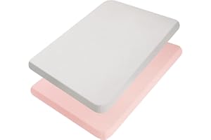 TILLYOU Mini Crib Fitted Sheets - Soft Knit Sheet for Pack N Play, Microfiber Mini Crib Sheets, Playpen Bedding Sheet for Baby 2 Pack, Machine Washable, 38'' x 24'',Light Gray & Peachy Pink