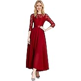 LAI MENG FIVE CATS Women's Flowy Floral Lace Short Sleeve Round Neck Evening Dress