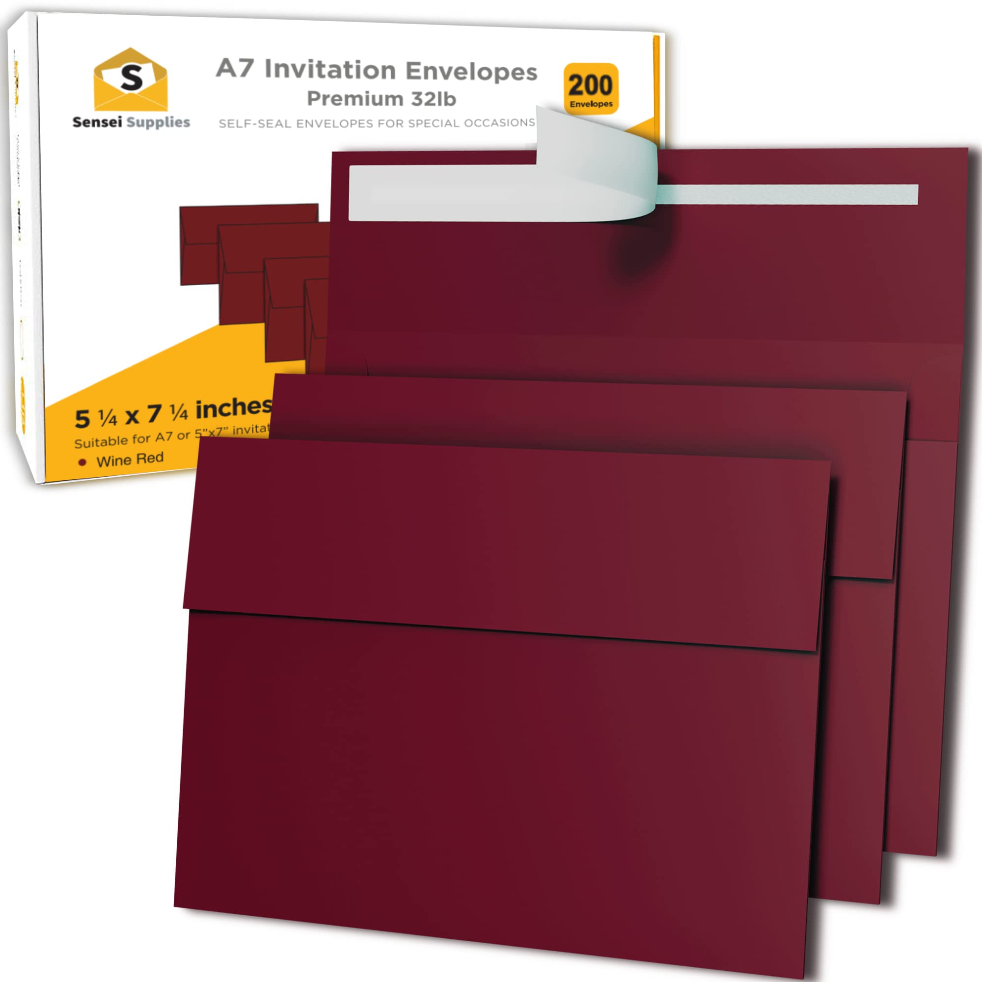 Photo 1 of 200 5x7 Burgundy Invitation Envelopes - For 5x7 Cards - A7 - (5 ¼ x 7 ¼ inches) - Perfect for Weddings, Graduation, Baby Shower - 120 GSM - Peel, Press & Self Seal - Square FlapLPNO405891962
