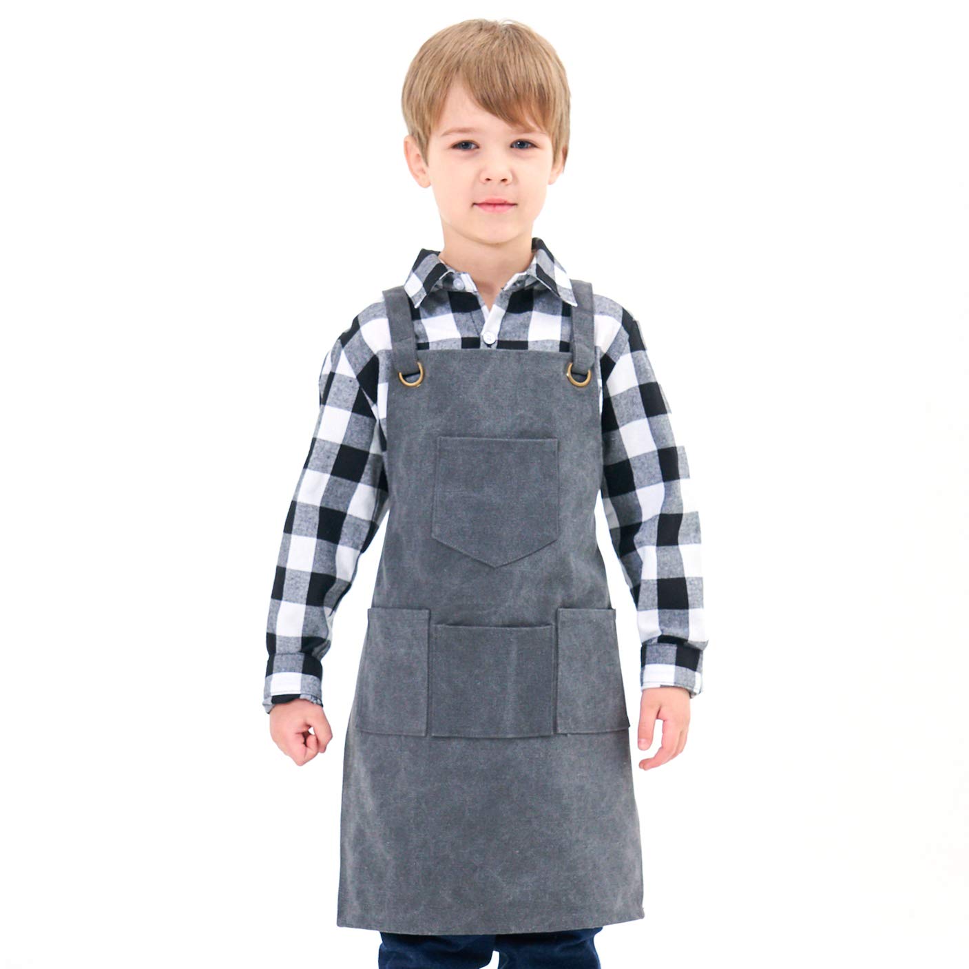 NEOVIVA Work Apron with Pockets, Woodworking Aprons for Kids, Canvas Tools Apron Adjustable M to XXXL Cross Back for Barber, Kitchen, Garden, Pottery, Garage, Craft Workshop, School, Frost Gray
