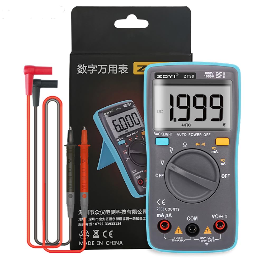 ZOYI ZT-98 Digital Multimeter Tester 2000C, Voltmeter Ohmmeter Ammeter Multi Tester Meter with Backlit LCD Electronic Test Meter Measures Voltage, Current, Resistance; Tests Continuity, Diode