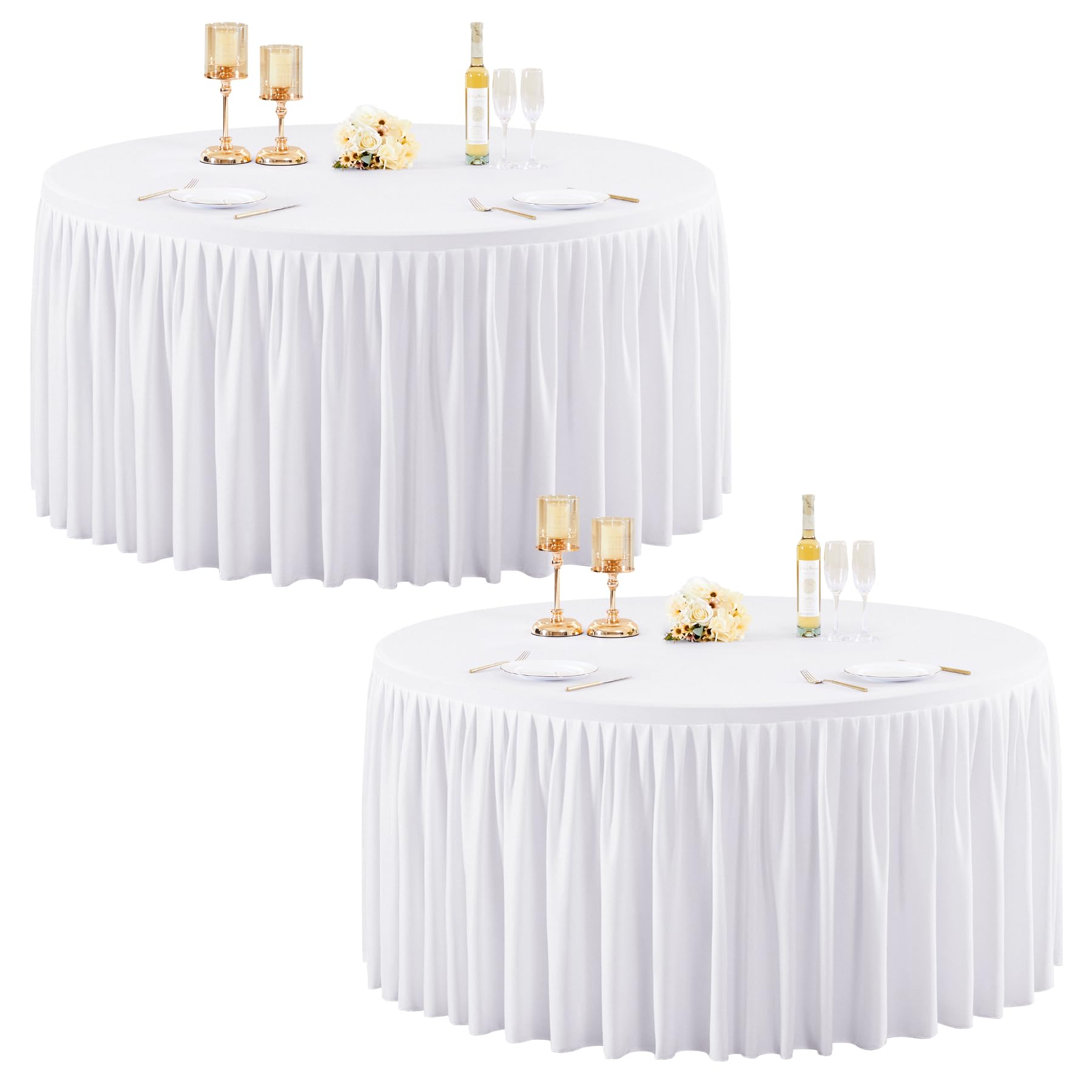Photo 1 of 2 Pack White Spandex Round Tablecloths for 60 inch Tables, Stretchy Fitted 5FT Round Table Clothes,Wrinkle Free Table Cover with Skirt for Wedding Party Dining Banquet Graduation Decorations