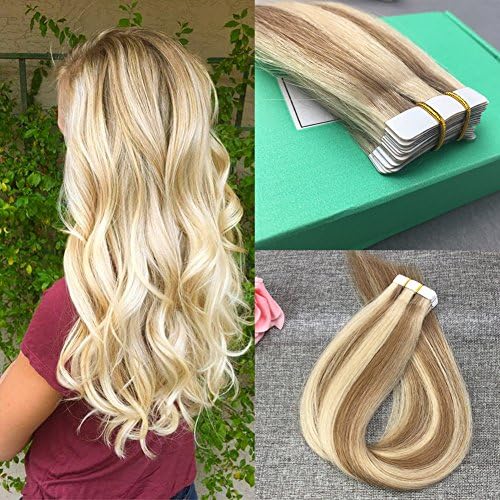 GOESSOM 14 inch Tape in Balayage Hair Extensions Human Hair Extensions Real Human Hair 20PCS 30G Skin Weft Extensions Remy Hair Extensions #27 Honey Blonde Mixed with #613 Bleach Blonde Glue on Hair