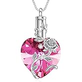 OCJ Heart Rose Flower Urn Necklace for Ashes Women Birthstone Cremation Necklaces Sterling Silver Memorial Cremation Jewelry Gifts