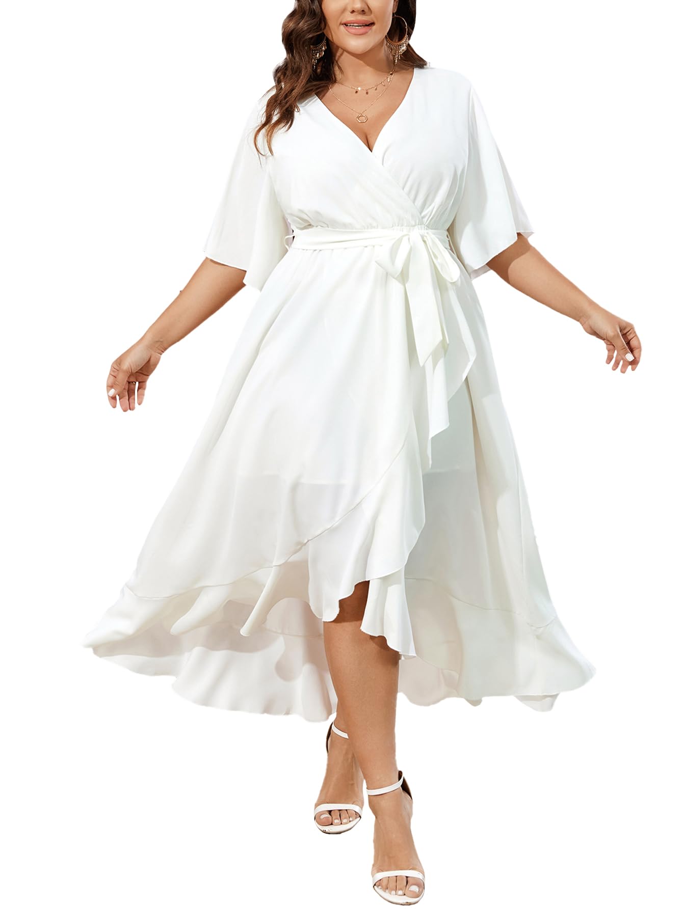 Photo 1 of SCOMCHIC Women Plus Size Maxi Dress Short Sleeve Wrap V Neck High Low Split Ruffle Long Dress White