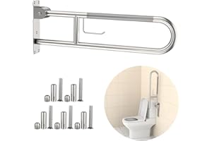 Toilet Grab Bar 30.3 Inch, Munzong Brushed Nickel Anti-Slip Support Rail, U Shaped Flip-Up Grab Bar with Paper Holder, Stainl