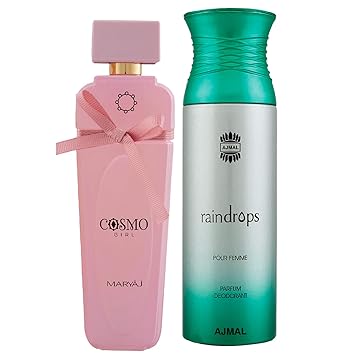 Maryaj Cosmo Girl Eau De Parfum Floral Powdery Perfume 100ml for Women and Ajmal Raindrops Femme Deodorant Floral Chypre Fragrance 200ml for Women + 2 Parfum Testers FREE