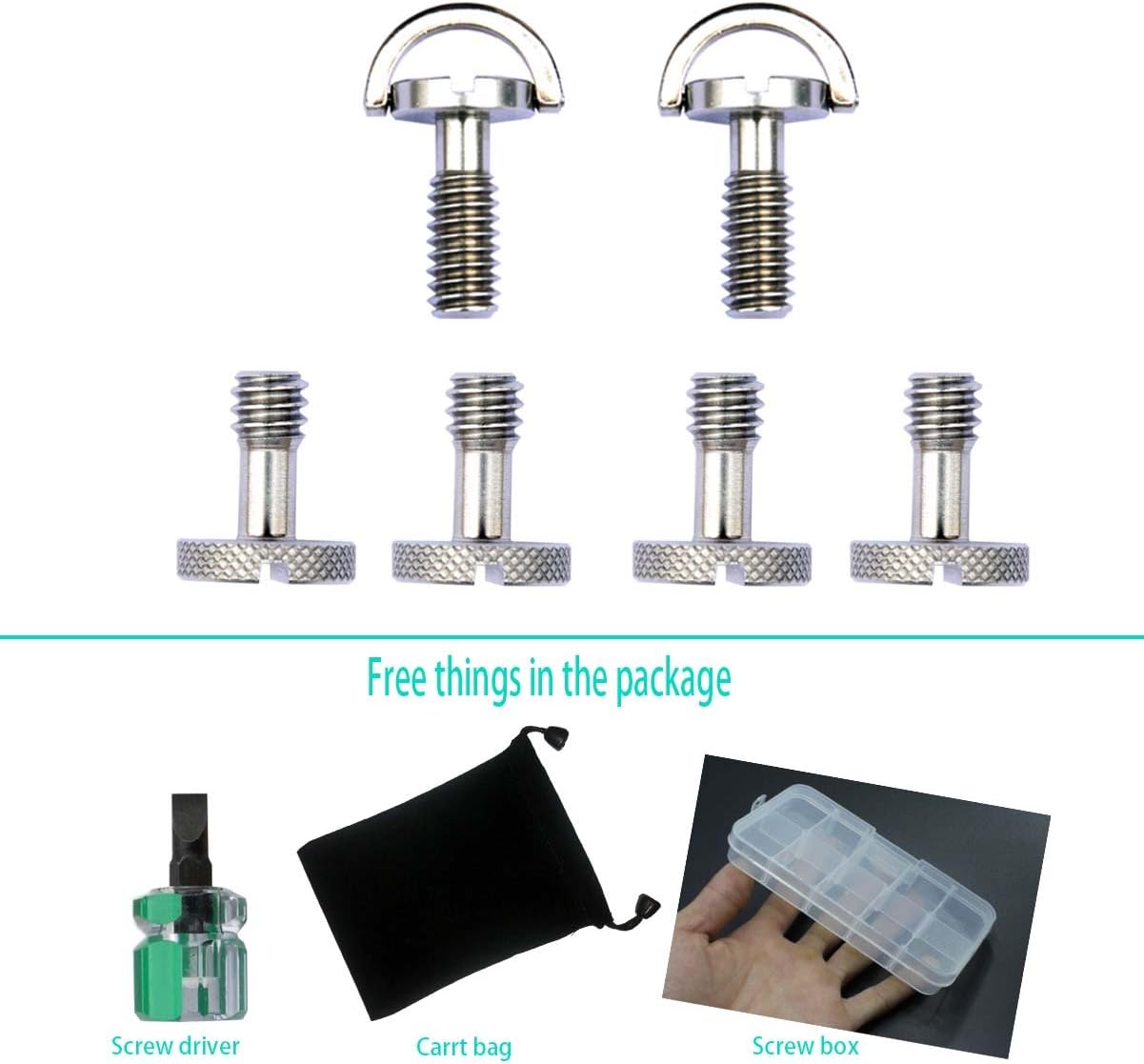 6 Pack Steel Stainess Shaft D-ring 1/4"-20 Camera Tripod Screw and Mount Screw with Free Screw Box and Screw Driver