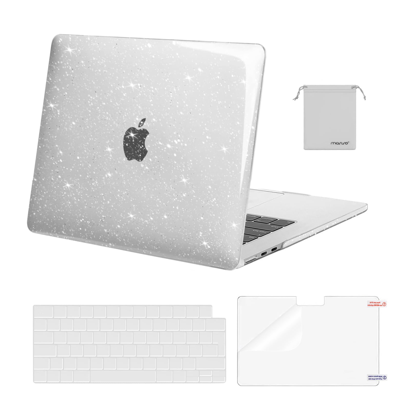 MOSISO Compatible with MacBook Air 15 inch Case 2026 2025 2024 2023 M5 M4 M3 M2 A3448 A3241 A3114 A2941, Sparkly Glitter Hard Shell Case&Keyboard Cover&Screen Protector&Storage Bag, Transparent