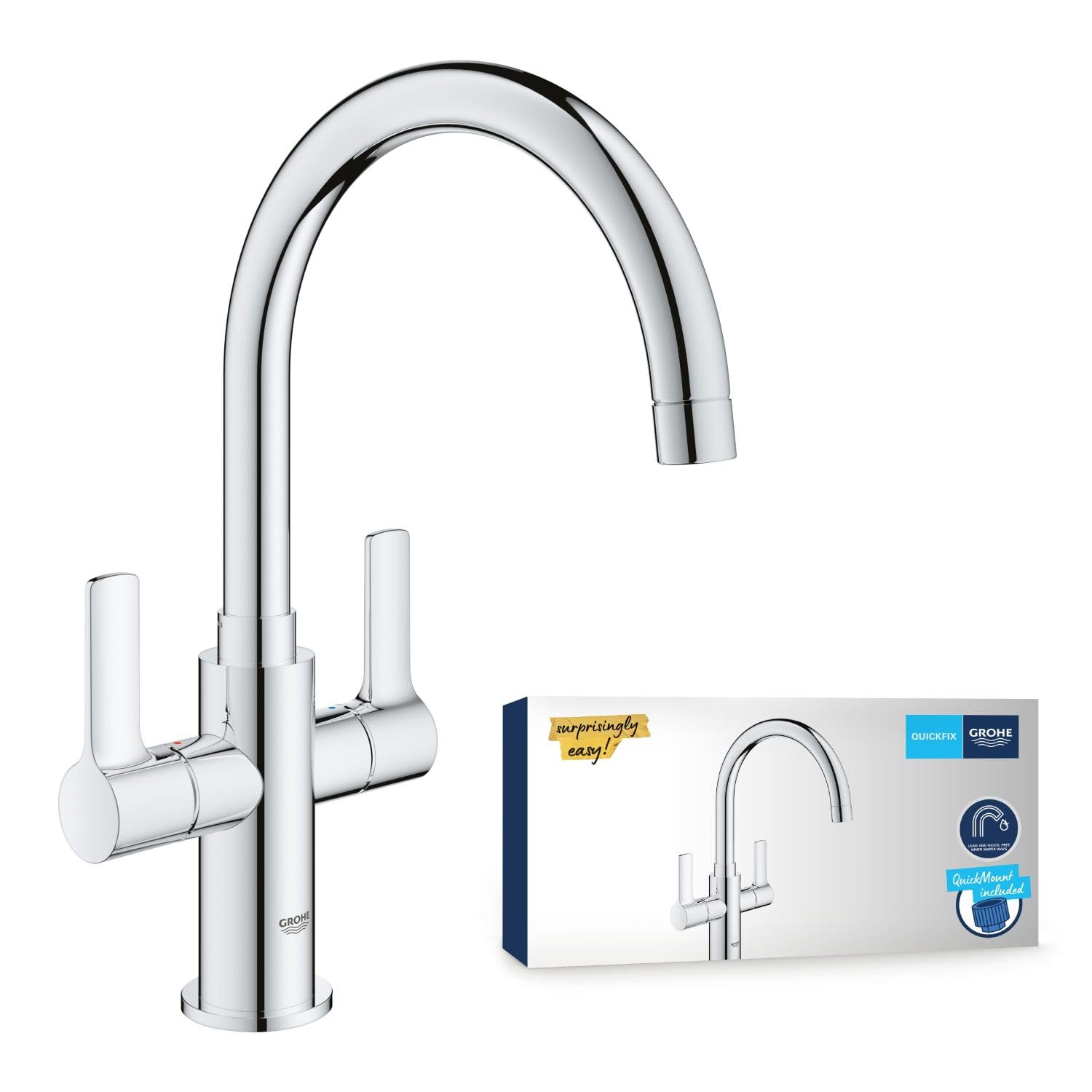 GROHE Start – Two Handle Kitchen Sink Mixer (High C-Spout, Adjustable Swivel Area 0°/150°/360°, 1-Hole Installation, Low Pressure Min. 0.2 Bar, UK Tails 1/2 Inch BSP), Size 321 mm, Chrome, 30481000