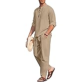 COOFANDY Men's 2 Pieces Cotton Linen Set Long Sleeve Henley Shirts Casual Beach Pants With Pockets Summer Yoga Outfits