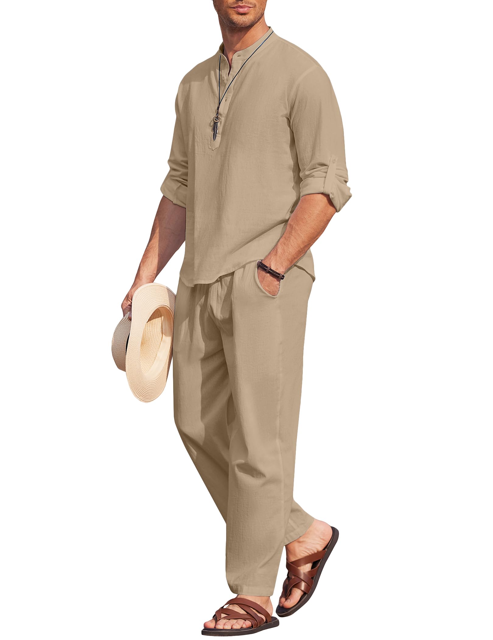 Photo 1 of COOFANDY Men's 2 Pieces Cotton Linen Set Long Sleeve Henley Shirts Casual Beach Pants With Pockets Summer Yoga Outfits size xl