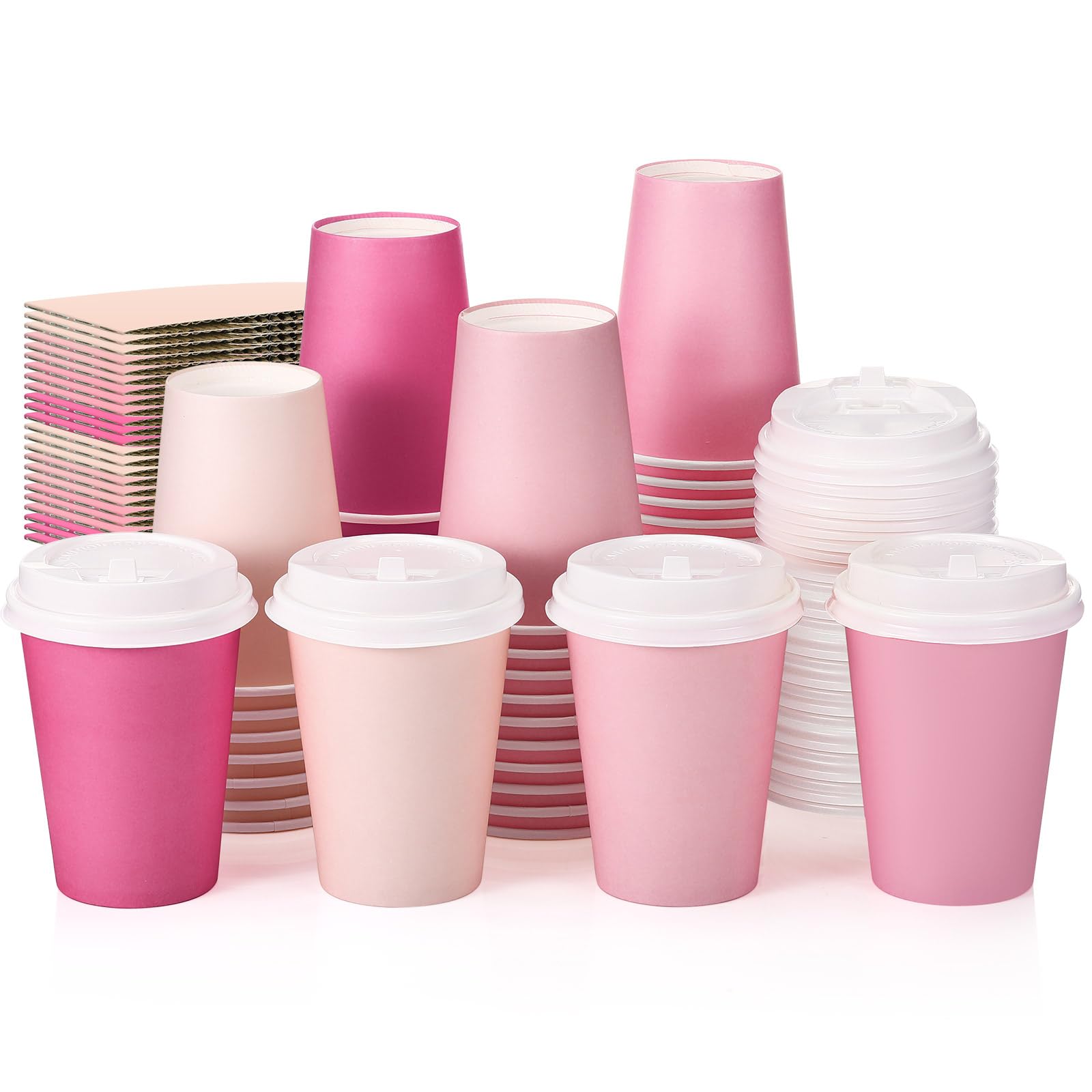 Photo 1 of 48 Pcs 12 oz Disposable Coffee Cups with Lids and Sleeves Bulk, Insulated Hot Chocolate Paper Cup for Hot and Cold Beverage Water Juice Cocoa Tea Party Restaurants Travel Supplies (Gradient Pink)