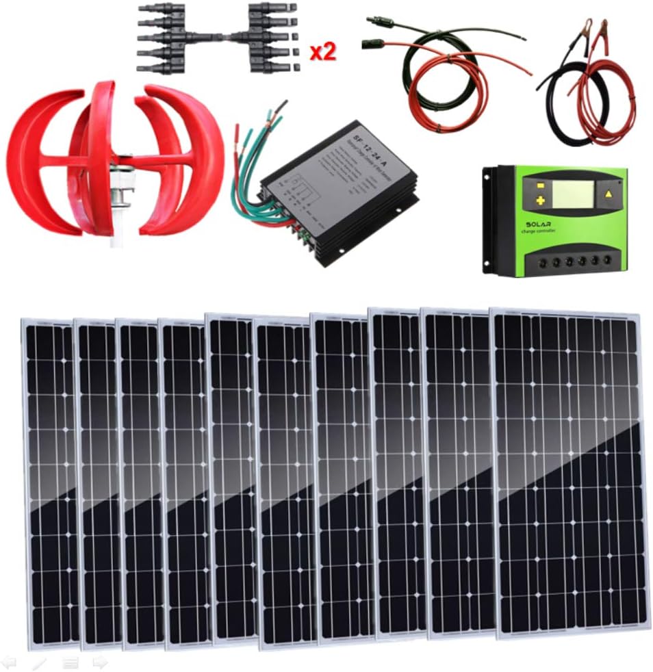AUECOOR 1.4Kw Wind Solar Power: 10pcs 100W Mono Solar Panels & 400W Wind Turbine Generator & wind controller+solar controller & Cable Connector& Accessories Home Boat RV