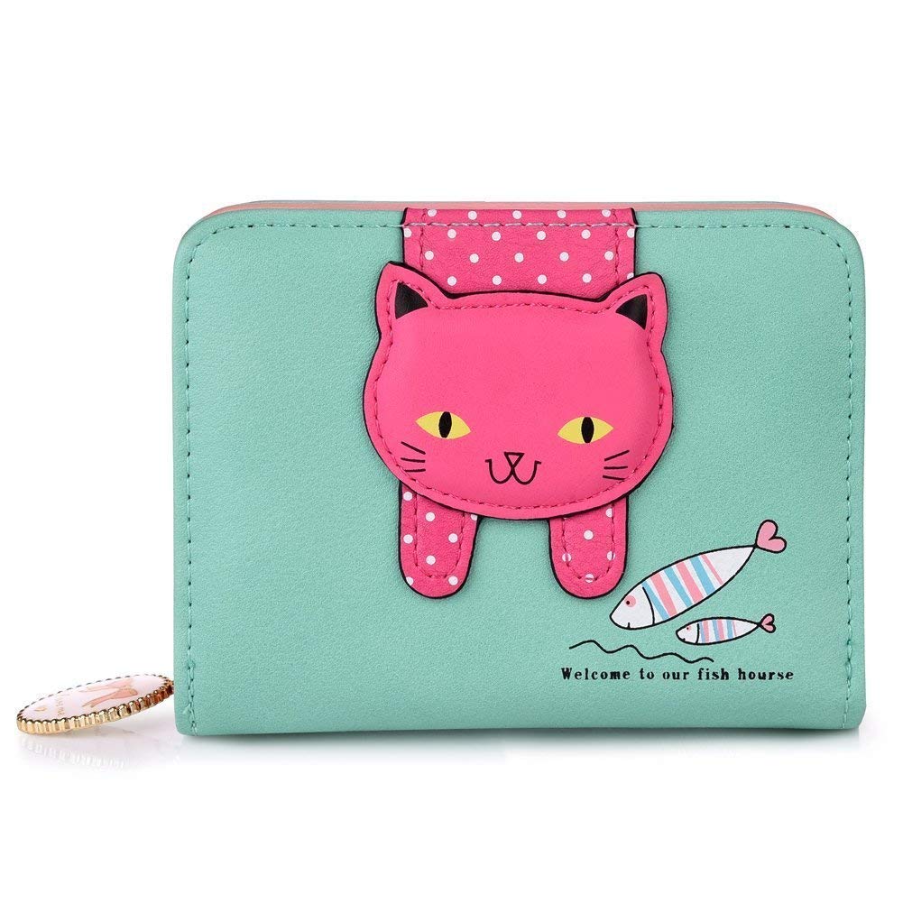 Binnan Girls' Cute Cat Purse Short Bifold Zipper Mini Wallet For Girls And Women (Green)