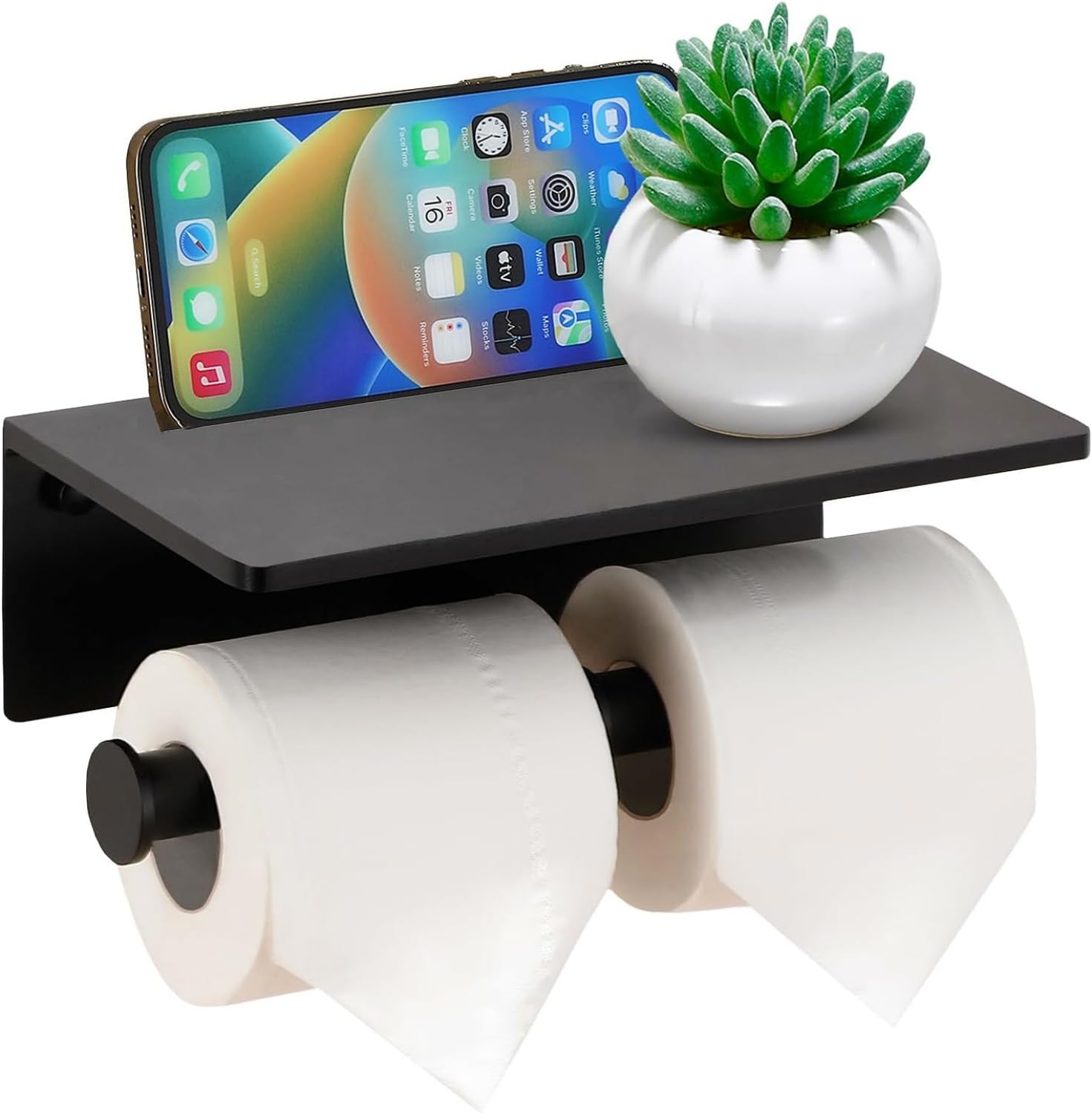 Double Roll Toilet Paper Holder with Shelf, Wall Mounted Stainless Steel Tissue Dispenser for Bathroom (Black)
