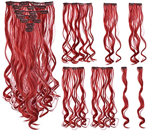 SWACC 7 Pcs Full Head Party Highlights Clip on in Hair Extensions Colored Hair Streak Synthetic Hairpieces (20-Inch Curly, Red)