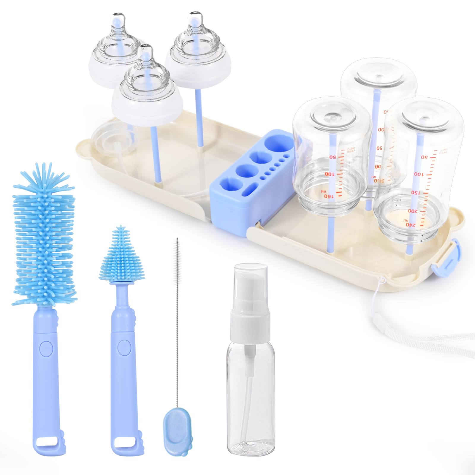 Photo 1 of Portable Baby Bottle Brush Set - 7 in 1 Baby Bottle Cleaner Kit, Baby Travel Essential Bottle Washing Kit with Silicone Bottle Brush, Nipple Brush, Straw Brush, Drying Rack for Home and Travel (Blue)
