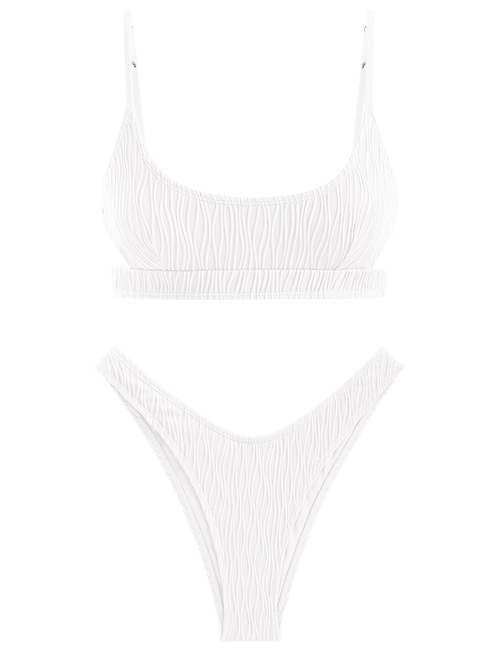 Photo 1 of ZAFUL Womens Bikini Swimsuits High Cut Bikini Sets Textured Cutout Scoop Neck Solid Swimsuit Two Piece Bathing Suit (3-White, S)