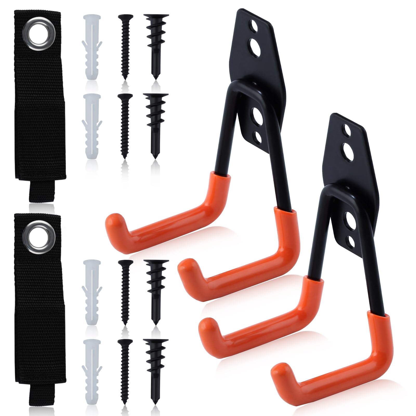 LEONTOOL Heavy Duty Garage Hooks for Hanging Tools, 2 Pack Garage Storage Utility Hooks with Strap, Wall Mount Storage Hanger Organizer for Ladder Extension Cord Tool Cable Ropes, Small U Hooks