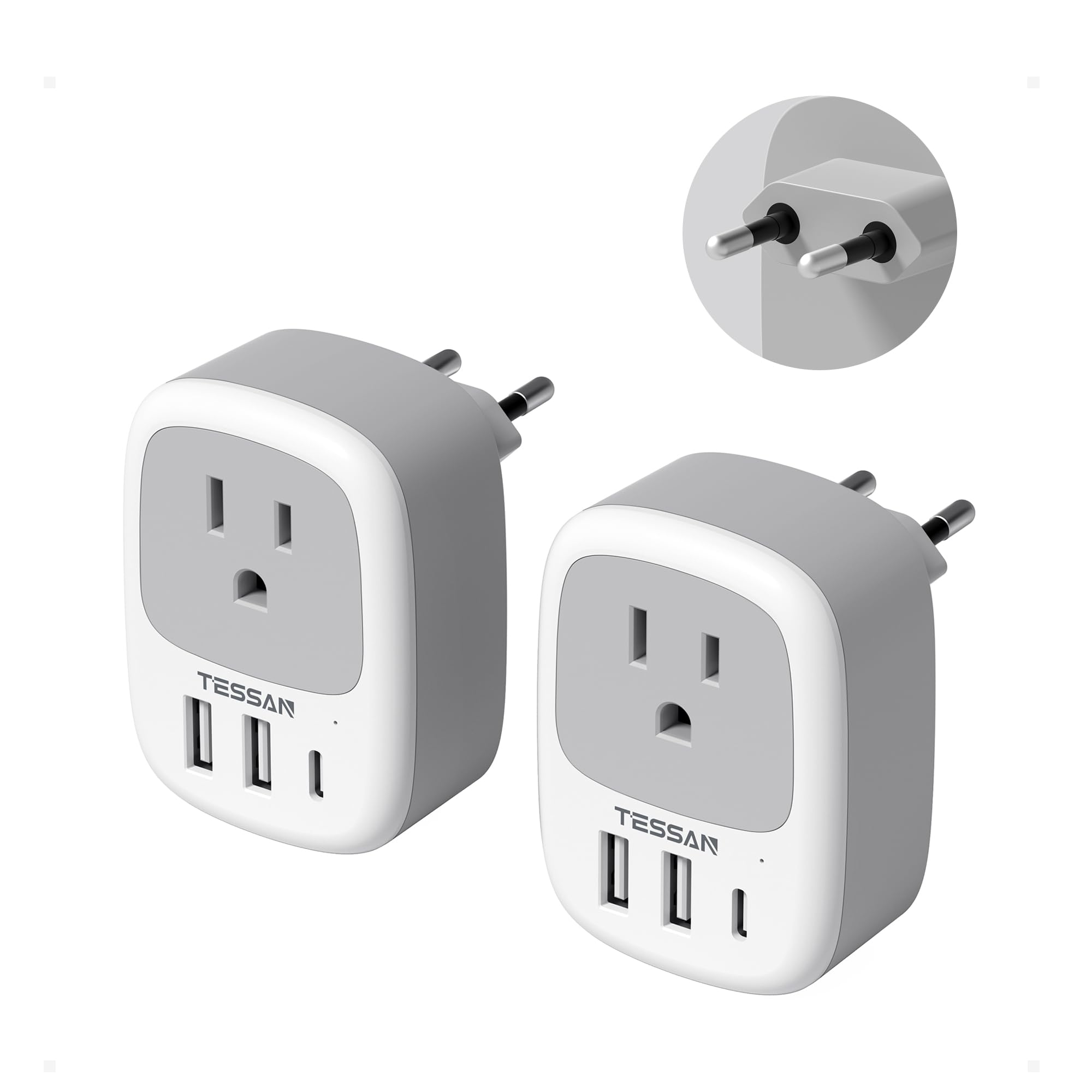 Photo 1 of 2 Pack European Travel Plug Adapter, TESSAN US to Europe Plug Adapter with 3 USB Ports (1 USB C), Type C Power Outlet for EU International Italy Iceland Spain France Germany