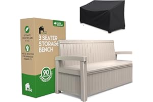 EconoHome 3 Seat Outdoor Storage Bench with Rain Cover - 90 Gallon Capacity - Weatherproof Resin Bench for Patio, Porch, Garden, Yard, Pool Area - Furniture for Pool Accessories, Gardening Tools
