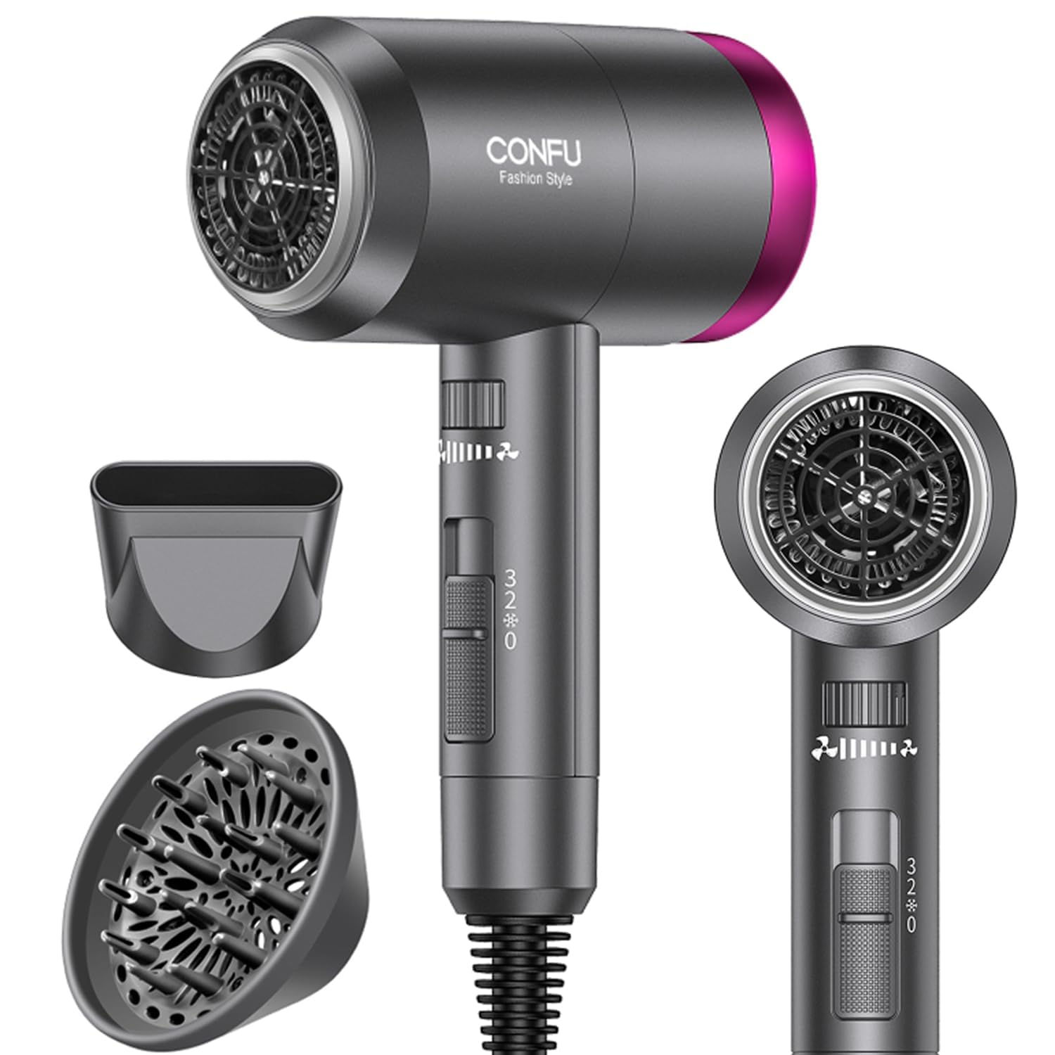 Photo 1 of CONFU Ionic Blow Dryer 1600W, Portable Lightweight Fast Drying Negative Ion Hairdryer Blowdryer, 3 Heat Settings & Infinity Speed, with Diffuser and Concentrator Nozzle for Home & Travel