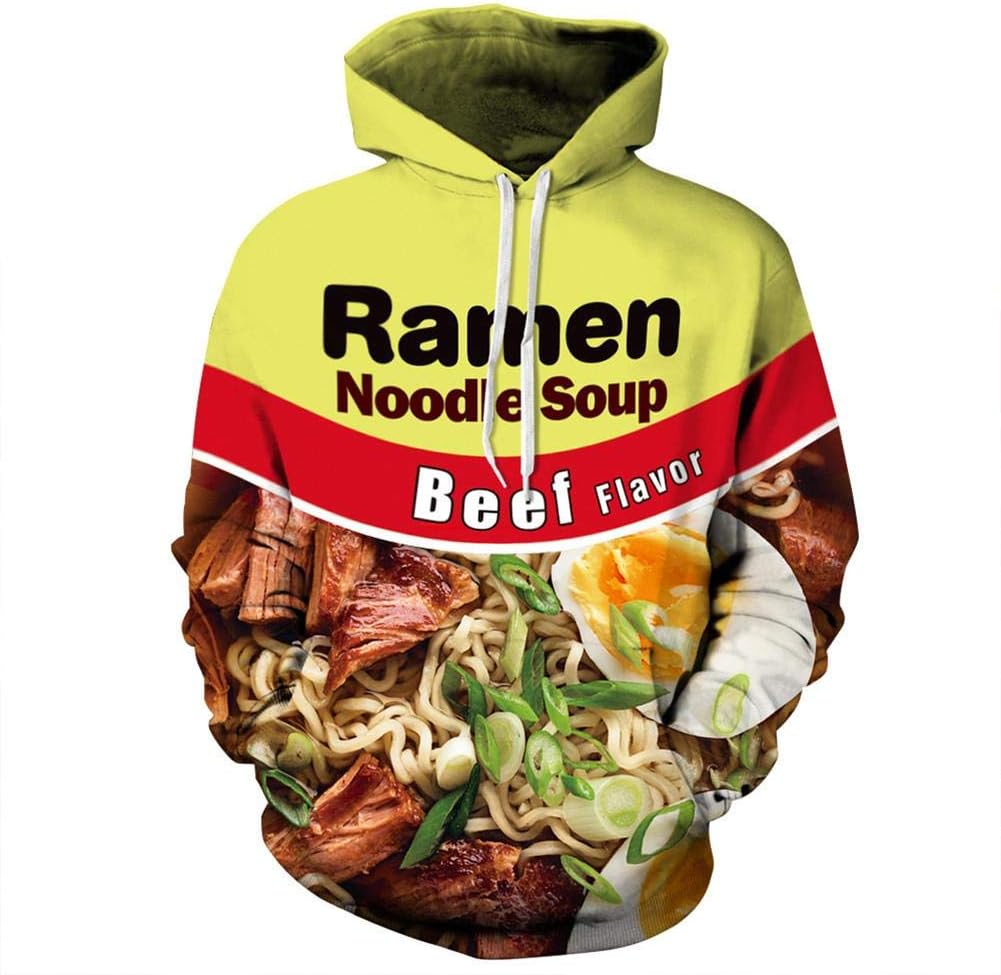 Unisex 3D Graphic Hoodie, 3D Patterned Hoodied Jackets Couple Fall/Winter Long Sleeve Pullover with Ramen Noodle Soup Beef Flavor Personalized Print Sweater S-L