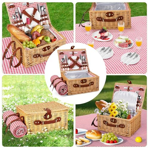 Wicker Picnic Basket Wicker Picnic Basket for 4 Person Woven Basket with Integrated Insulation and Waterproof Tarpaulin, Complete Set with 4 Cutlery, Plates, Glasses for Camping Garden BBQ