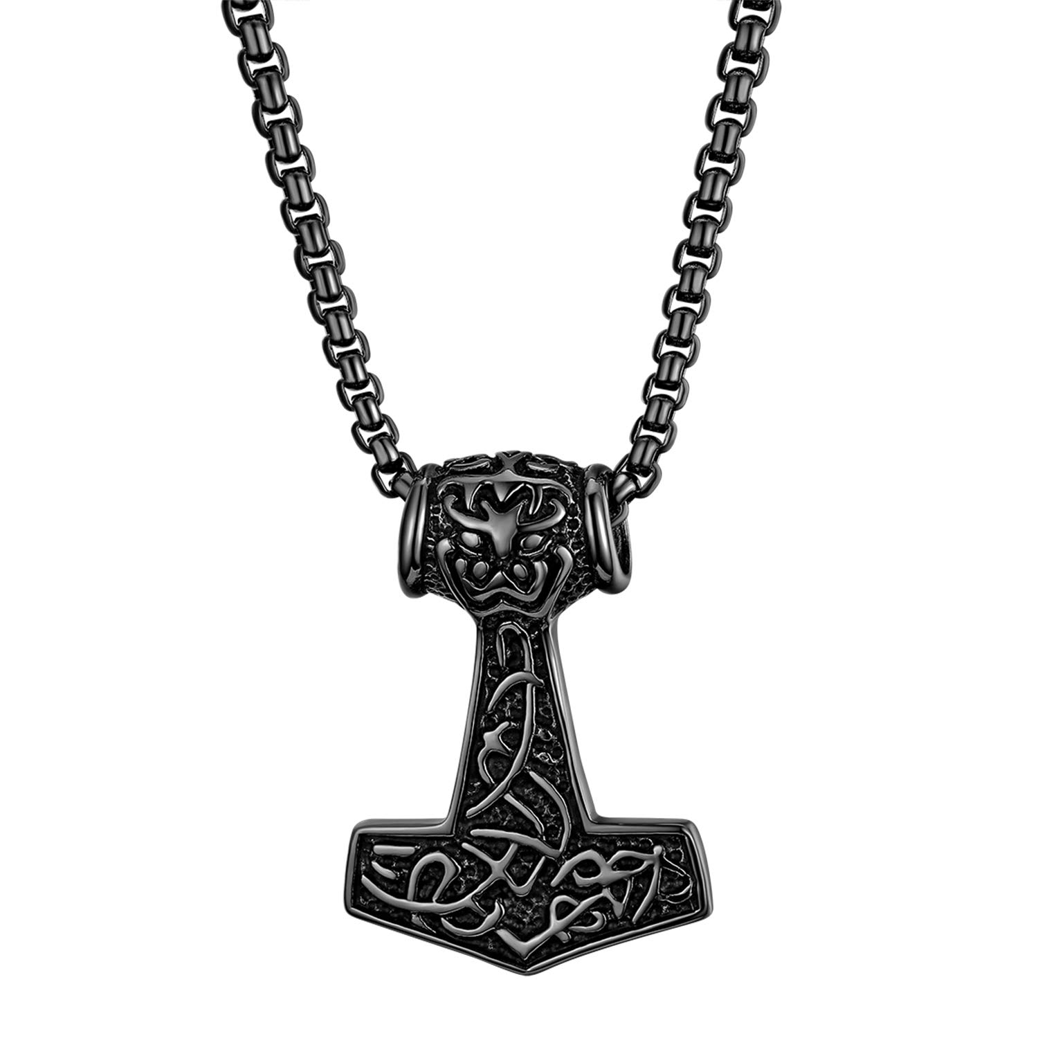 JewelryWe Jewellery Stainless Steel Thor's Hammer Pendant Necklace Retro Chain Pendant with 56 cm Chain for Men, Silver/Gold/Black, Stainless Steel