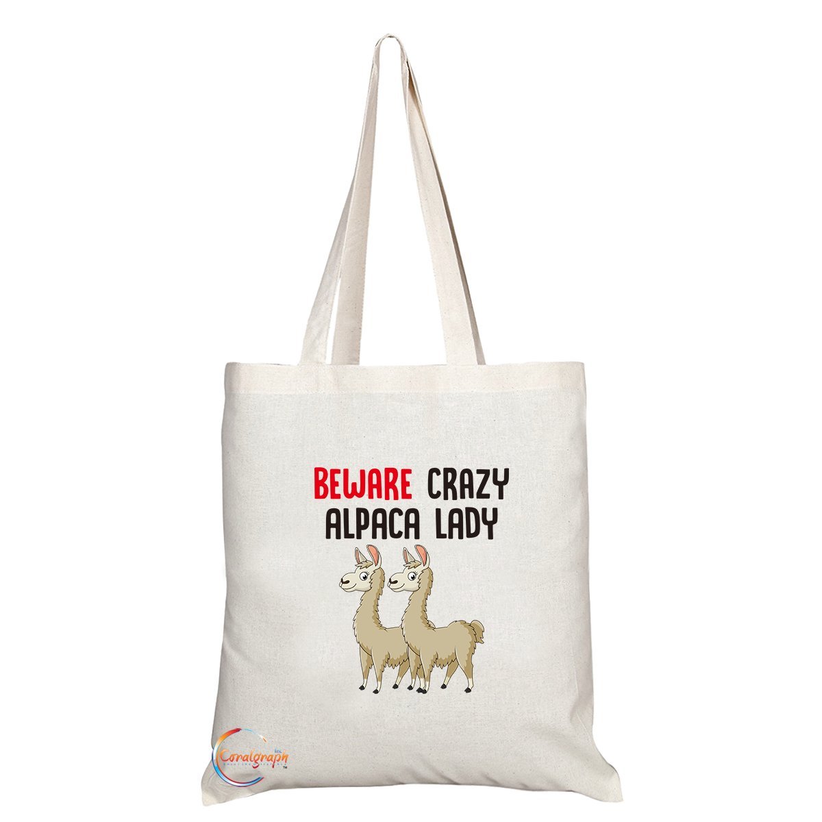 Coralgraph Inc TB300 Beware Crazy Alpaca Lady Novelty Present Gift Printed Eco-Friendly Stylish Long Handled Tote Shoulder Bag