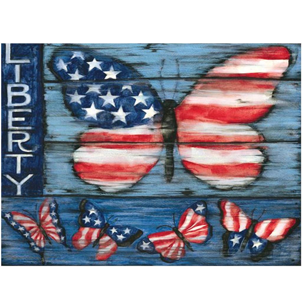 HADIY 5D DIY Diamond Painting Independence Day Full Drill by Number Kits Butterfly Embroidery Cross Stitch Pictures for Home Wall (E)