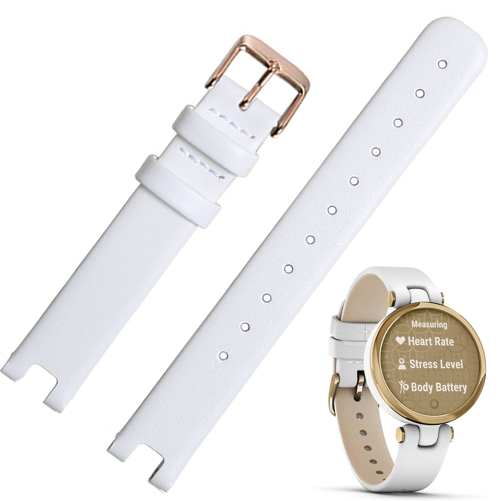 Miimall Band Compatible with Garmin Lily Leather Strap, Genuine Leather Adjustable Slim Wristband with Stainless Steel Buckle, Replacement Bracelet Strap for Garmin Lily-White