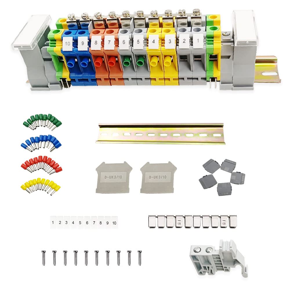 JINXM DIN Rail Terminal Blocks Kit UK/10N Electrical Connectors Connector Block Wire Connectors Crimp Connectors Fixed Bridge End Brackets Aluminum Rail