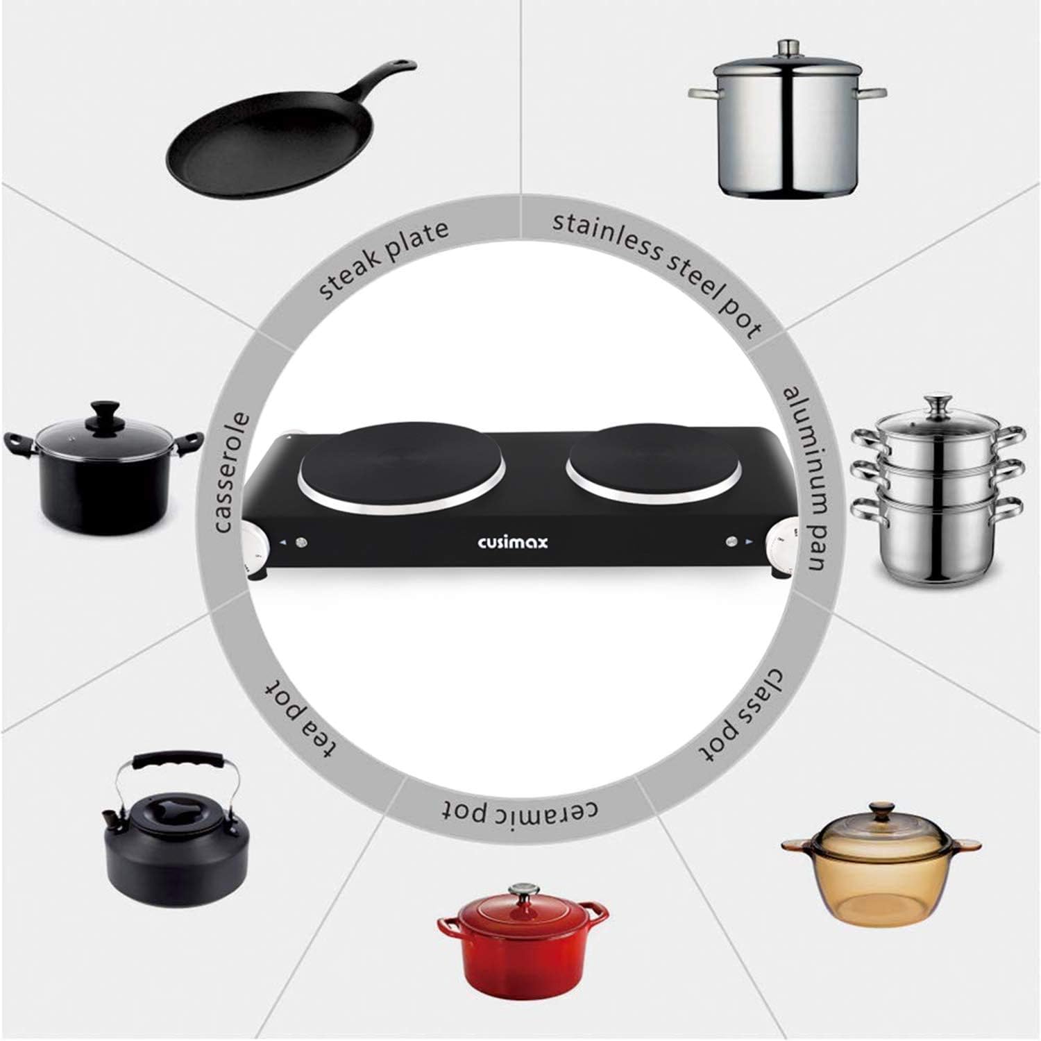 Cusimax Double Hot Plates, 1800W Double Burner, Portable Electric Hot Plate for Cooking, Countertop Cooktop, Cast Iron Stove, Heating Plate, Compatible with All Cookwares, Upgraded Version: Kitchen & Dining
