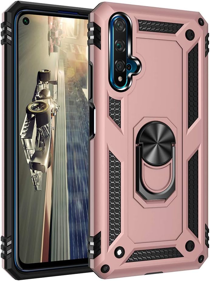 TANYO Case Compatible with Huawei Nova 5T, [Ring bracket Magnetic Car Mount Series] Heavy Armor TPU + PC Military Anti-drop Case, Rose gold