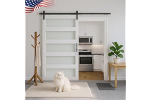 S&Z TOPHAND® 42 in x 84 in Glass Sliding MDF Barn Door with 8FT Sliding Door Hardware Kit, 5 Tempered Frosted Glass, Slab Inside Covered with Water-Proof PVC Surface, Simple DIY Assembly