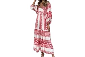 BILQIS Maxi Dress for Women Beach Vacation Dress Floral Print V Neck Long Maxi Dresses Plus Size Bubble Sleeve Summer Dress