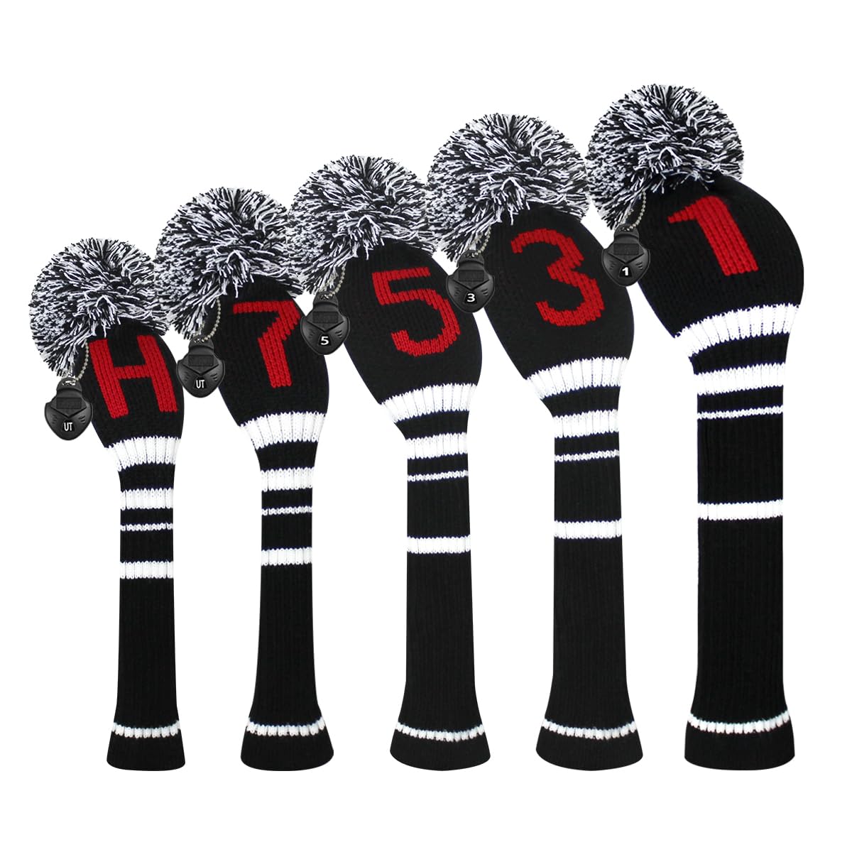 Scott Edward Golf Head Covers for Woods 5 PCS Knit Golf Club Cover Driver Cover*1 Fairway Wood*2 Hybrid (UT)*2 (Black Red Numbers)