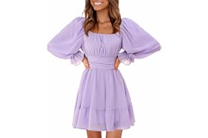 EXLURA Women's 2025 Casual Long Lantern Sleeve Dresses Square Neck Ruffle Tie Back Elastic Waist Aline Short Mini Dress