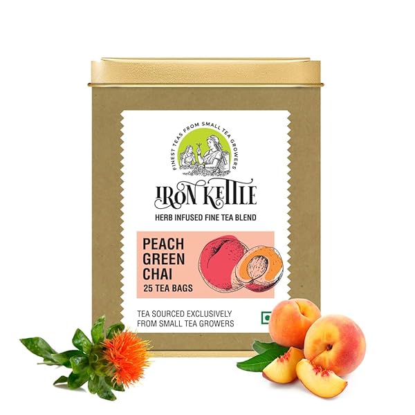 IRON KETTLE PEACH GREEN TEA | HIGH GROWN GREEN TEA BAG BLENDED WITH SAFFLOWER & NATURAL PEACH EXTRACT | SOURCED EXCLUSIVELY FROM SMALL TEA GROWERS WITH HIGHER FINE LEAF COUNT | 25 TEA BAGS