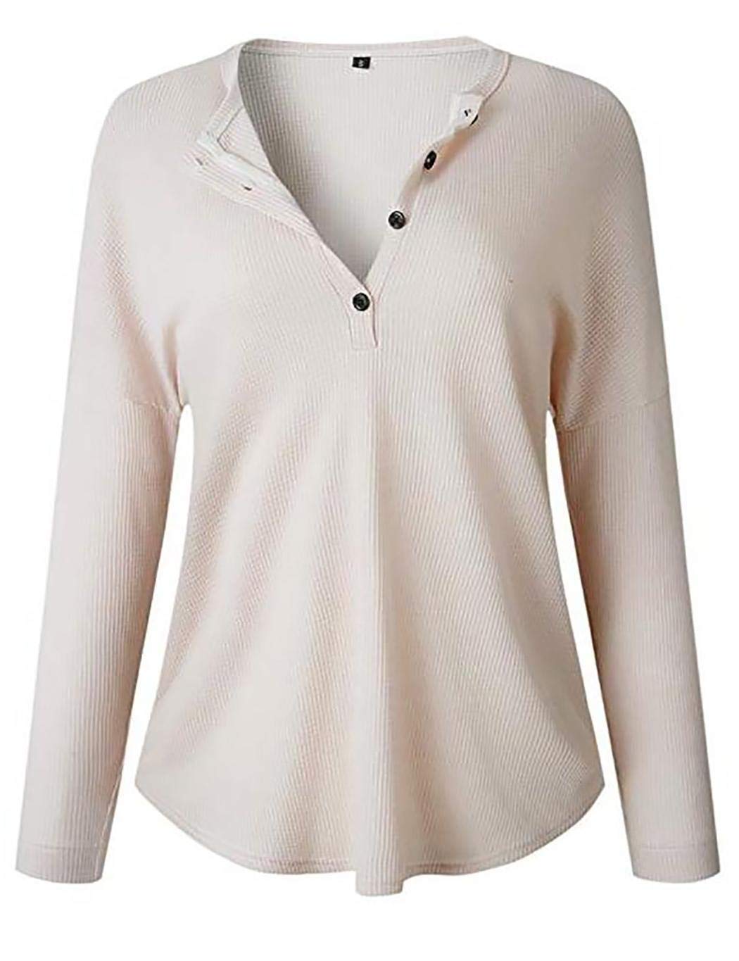 Sunnmall Women Women\'s Waffle Knit Tunic Tops,Fashion Solid Button Up Shirt Long Sleeve Casual Blouse Polos Apricot