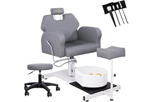 LUXMARS Reclining Pedicure Chair No Plumbing with Foot Massage Basin, Hydraulic Adjustable Pedicure Chair, 360° Rotation Beauty Spa Unit Station Gray