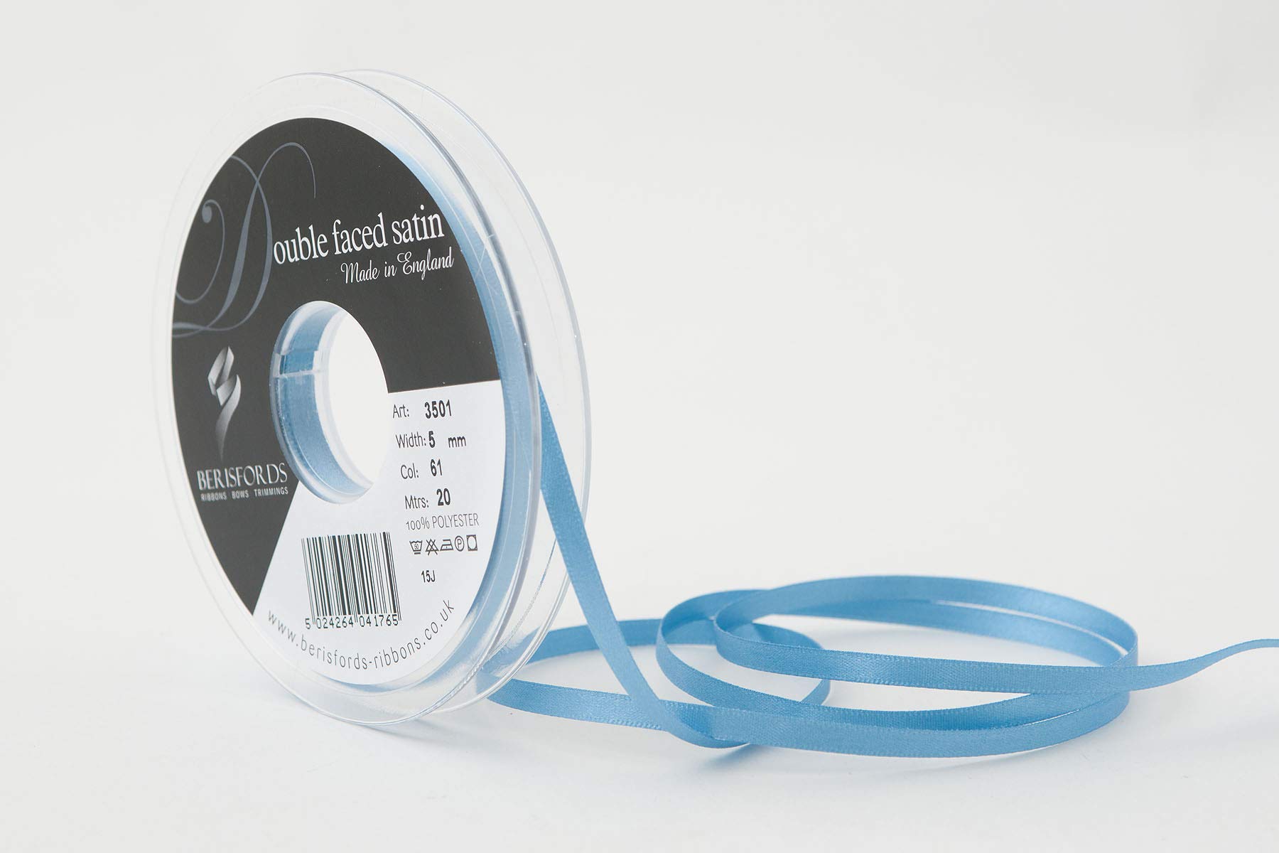 Berisfords Double FACE Poly Satin Ribbon, Dusky Blue 61, 5 mm width x 20 meters