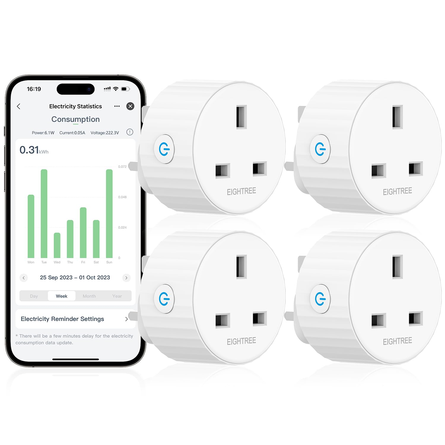 EIGHTREE Smart Plugs with Energy Monitoring, WiFi Smart Sockets with Remote Control and Timer, 2.4GHz Wi-Fi, 13A, 4 Pack - Alexa & Google Home Compatible