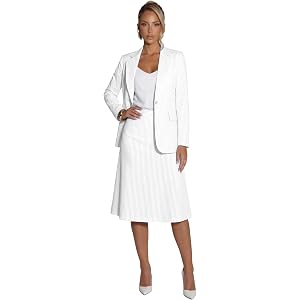 Striped 2 Piece Skirt Suit for Women Notch Lapel Blazer Jacket and A Line Midi Skirt Set Formal Business Outfits