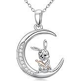 LWXIE Diamond Bunny Necklace for Women 925 Sterling Silver Moon Bunny Pendant with Lab Grown Diamond Cute Animal Jewelry Gift for Birthday
