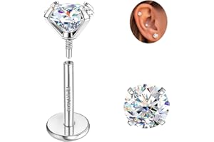 GEMQUEEN Moissanite Earrings G23 Titanium Extended Internal Thread Flat Back Earrings Hypoallergenic Tragus Cartilage Helix Conch Piercing Jewelry for Women Men 18G 6/8mm Post Gray/D Color VVS1 1-3CT