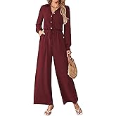 LOOKBOHO Womens Dressy Jumpsuits Casual One Piece Outfit Button Long Sleeve Wrap Drawstring Waist Wide Leg Long Pants Romper