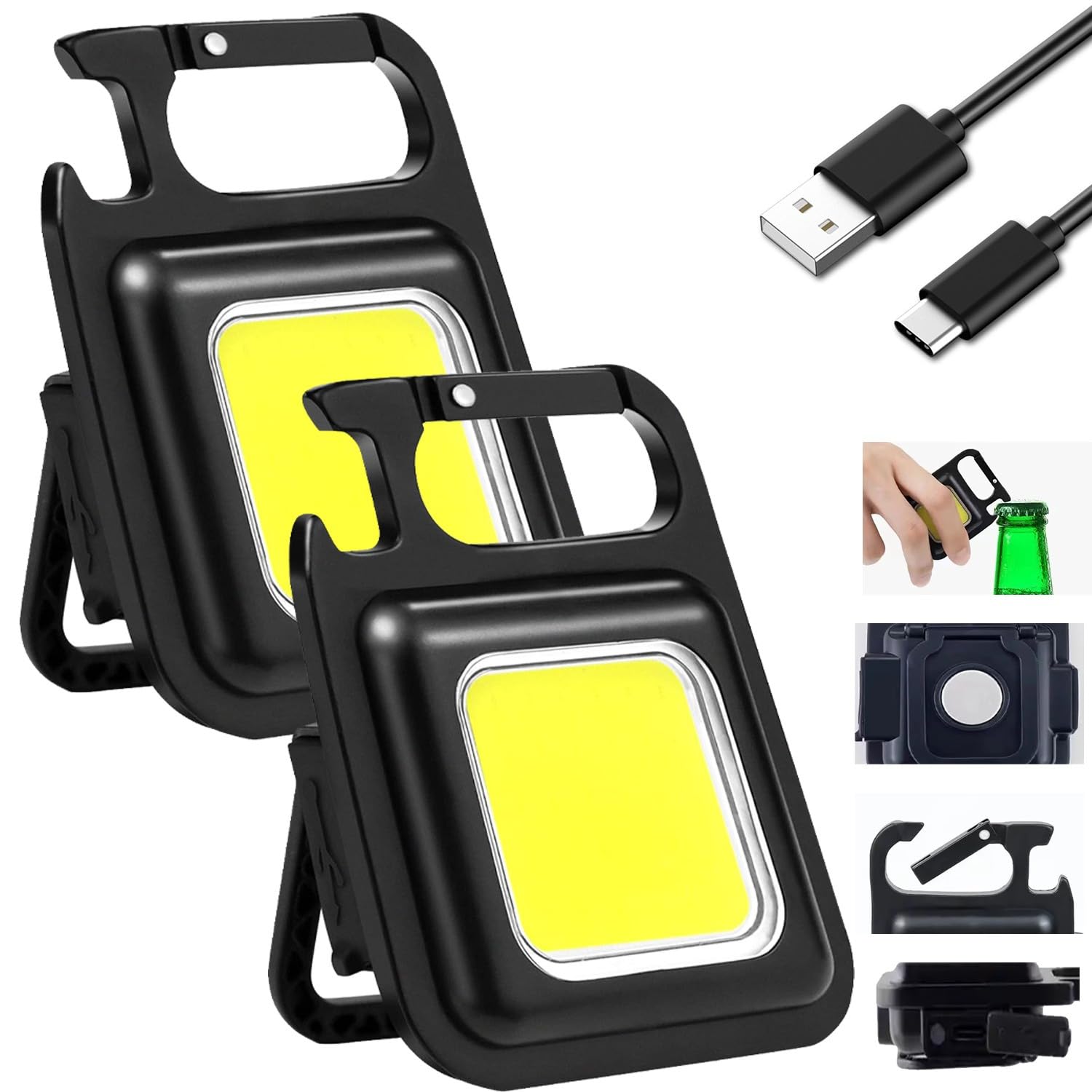 ARUUJ Mini LED COB Flashlight - USB Rechargeable 1000 Lumens Bright Light - 4 Light Modes, Portable Keychain Pocket Flash Light - Magnet Adjustable Folding Bracket Clips - Bottle Opener (2)